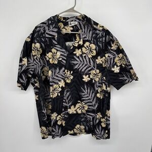 VTG ALOHA REPUBLIC Mens 2XL Hawaiian Black Floral Short Sleeve Shirt Made in USA